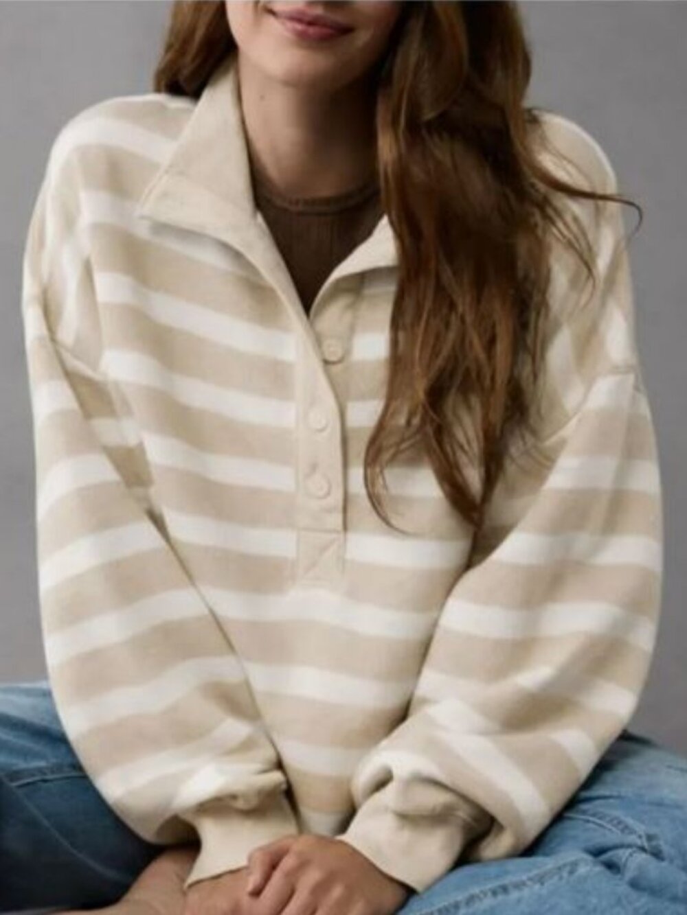 American Eagle Big Hug Henley Striped Pullover | S